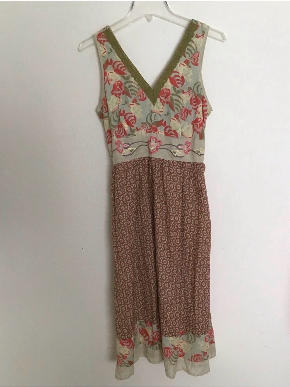 MLLE Gabrielle bohemian dress with contrasting fabric, crochet and embroidery S